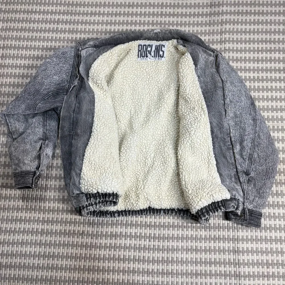 VTG Roglins Sherpa Lined‎ Acid Wash Denim Bomber Jacket Men’s Size L